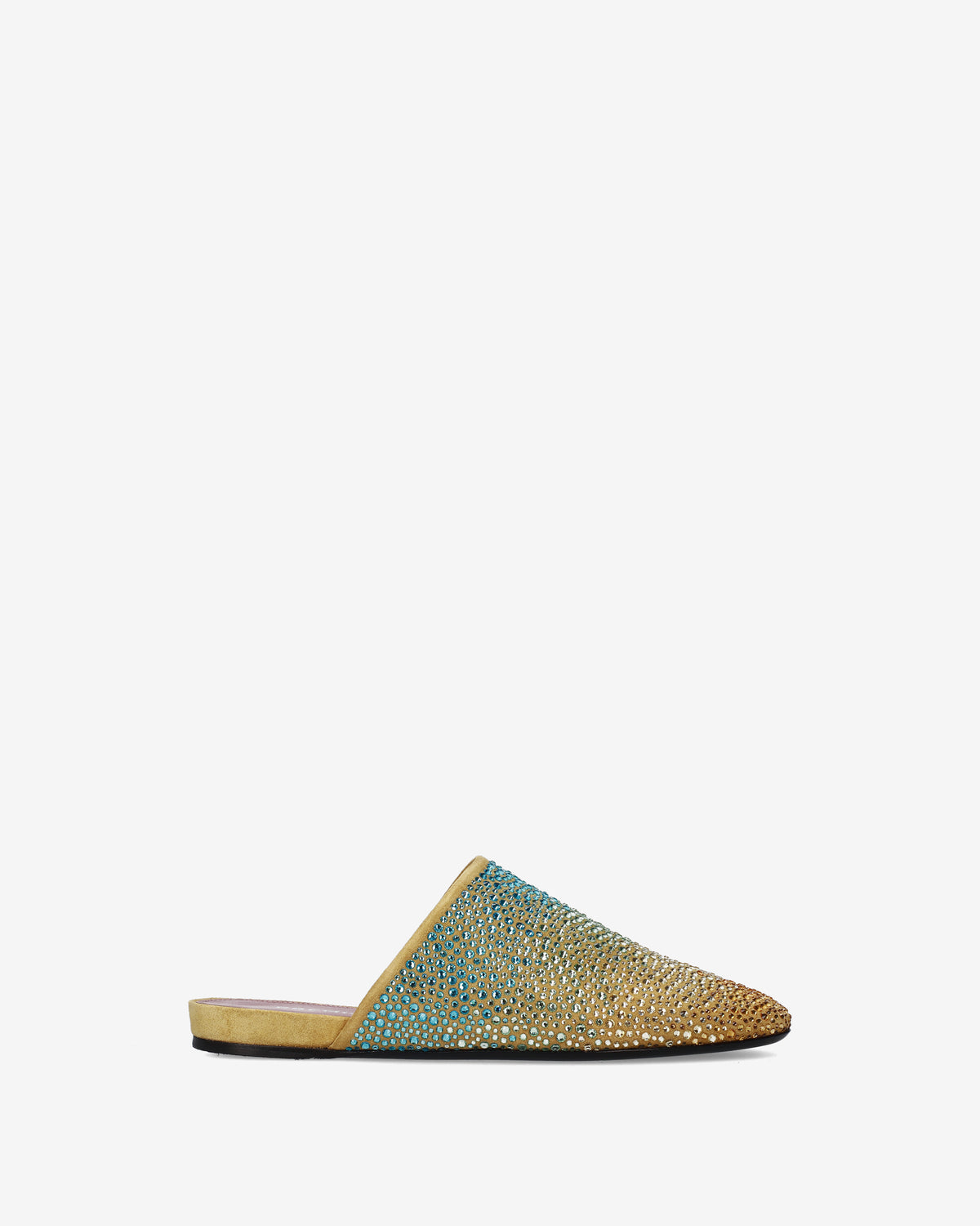 Leather clogs with light blue gradient rhinestones