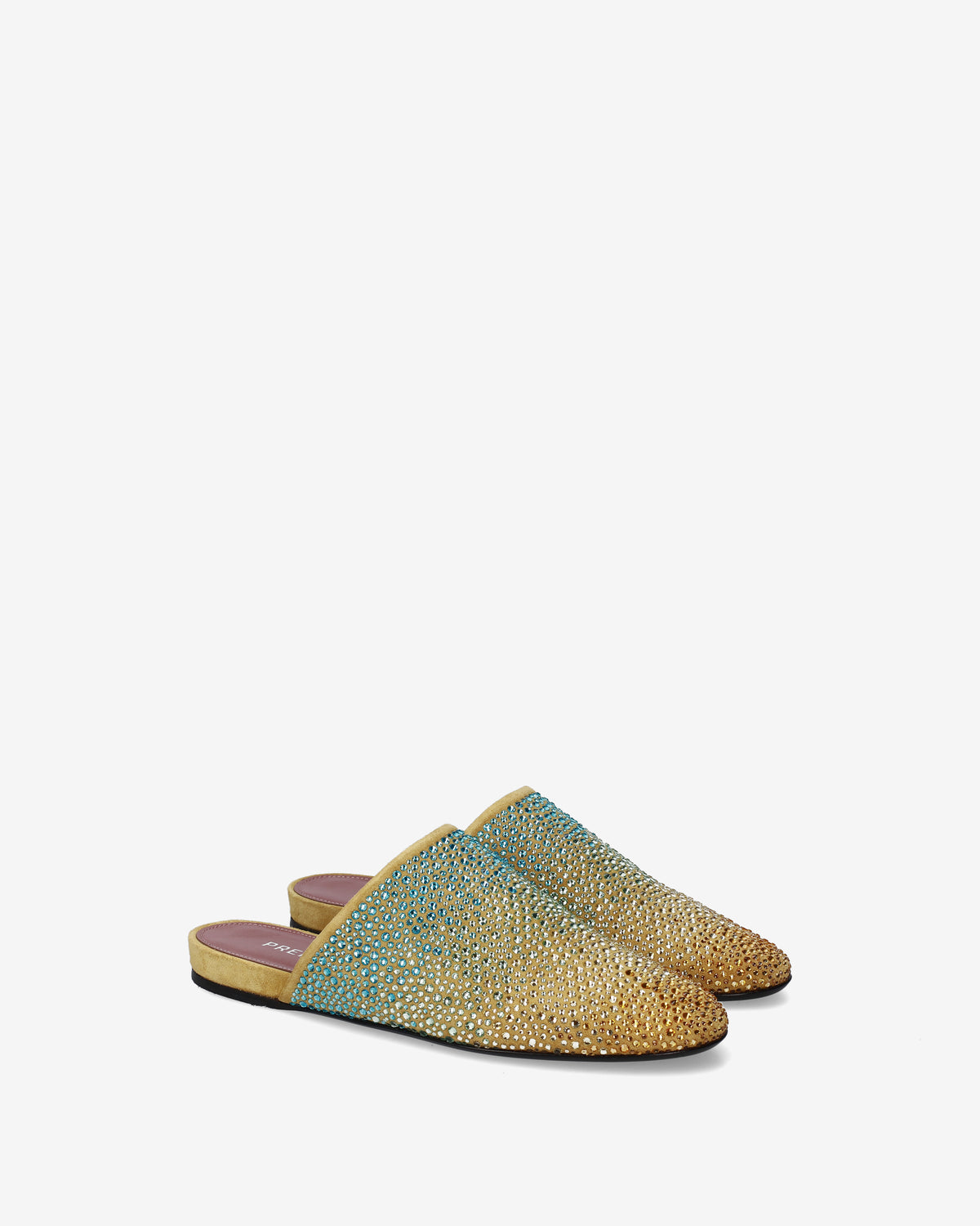 Leather clogs with light blue gradient rhinestones
