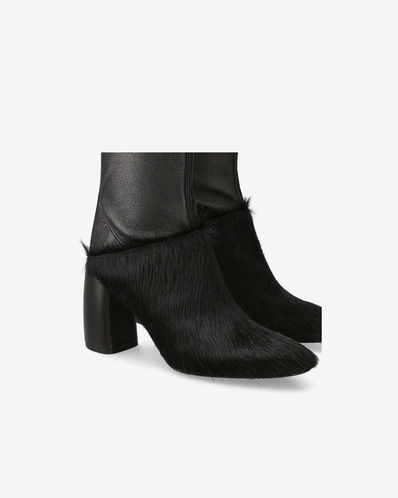 Black leather and ponyhide ankle boots